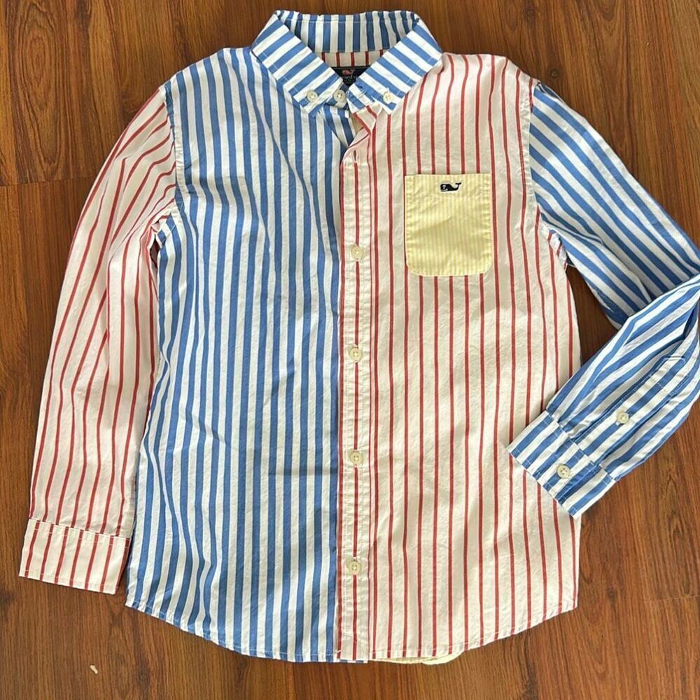 Vineyard Vines cotton striped whale shirt long sleeve button down red white blue